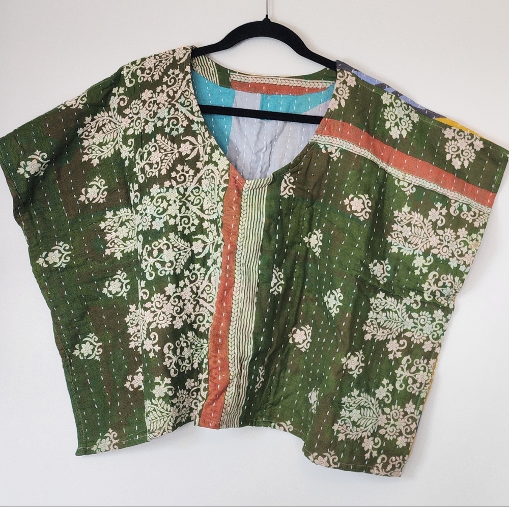 Kantha Floral Patchwork Green Crop Top 1X